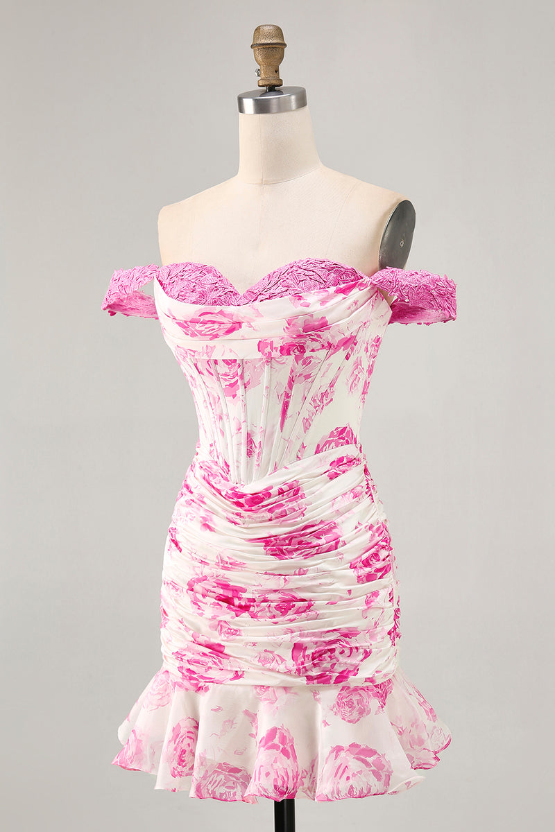 Load image into Gallery viewer, Floral White and Blue Corset Tight Short Homecoming Dress with Appliques