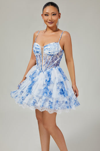 White and Blue Ruffled Floral Short Corset Homecoming Dress with Pearls