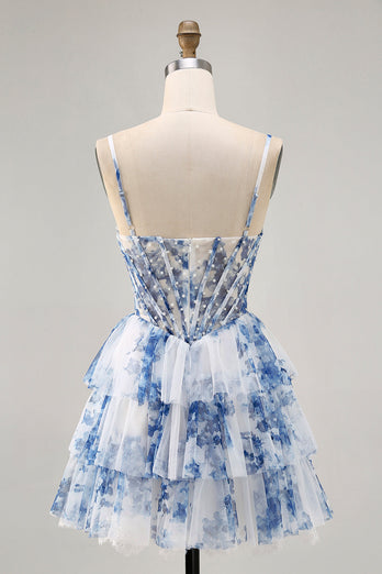 White and Blue Ruffled Floral Short Corset Homecoming Dress with Pearls