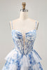 Load image into Gallery viewer, White and Blue Ruffled Floral Short Corset Homecoming Dress with Pearls