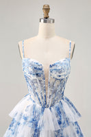 Load image into Gallery viewer, White and Blue Ruffled Floral Short Corset Homecoming Dress with Pearls