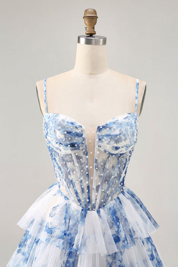 White and Blue Ruffled Floral Short Corset Homecoming Dress with Pearls