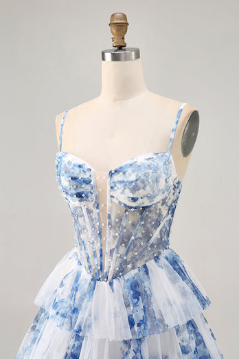 White and Blue Ruffled Floral Short Corset Homecoming Dress with Pearls