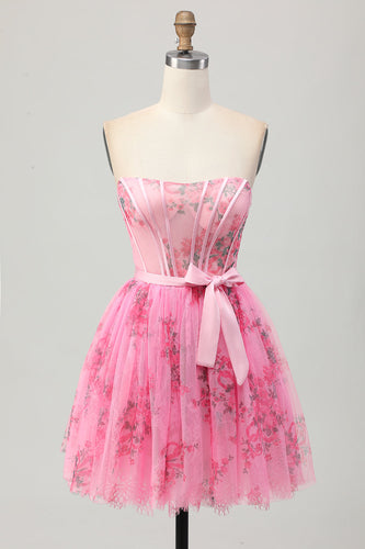 Floral Pink Corset Strapless Short Homecoming Dress with Bow