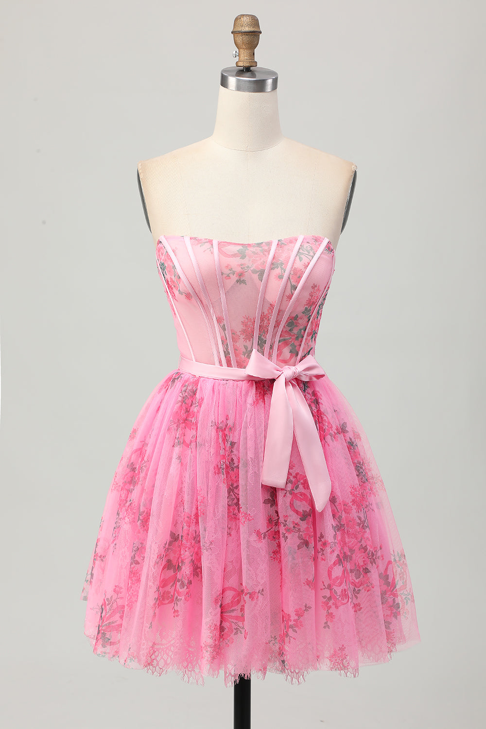 Floral Pink Corset Strapless Short Homecoming Dress with Bow