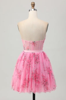 Floral Pink Corset Strapless Short Homecoming Dress with Bow