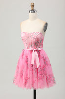 Load image into Gallery viewer, Floral Pink Corset Strapless Short Homecoming Dress with Bow