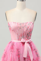 Load image into Gallery viewer, Floral Pink Corset Strapless Short Homecoming Dress with Bow