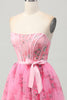 Load image into Gallery viewer, Floral Pink Corset Strapless Short Homecoming Dress with Bow