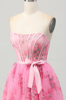 Load image into Gallery viewer, Floral Pink Corset Strapless Short Homecoming Dress with Bow