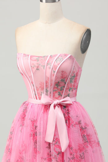 Floral Pink Corset Strapless Short Homecoming Dress with Bow