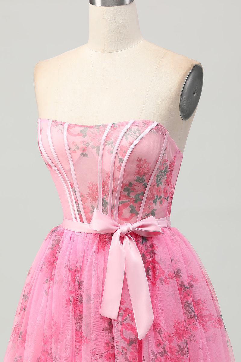 Load image into Gallery viewer, Floral Pink Corset Strapless Short Homecoming Dress with Bow