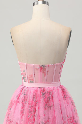 Floral Pink Corset Strapless Short Homecoming Dress with Bow