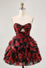Load image into Gallery viewer, Black and Red Floral Sweetheart Cut Out Short Homecoming Dress with Ruffles