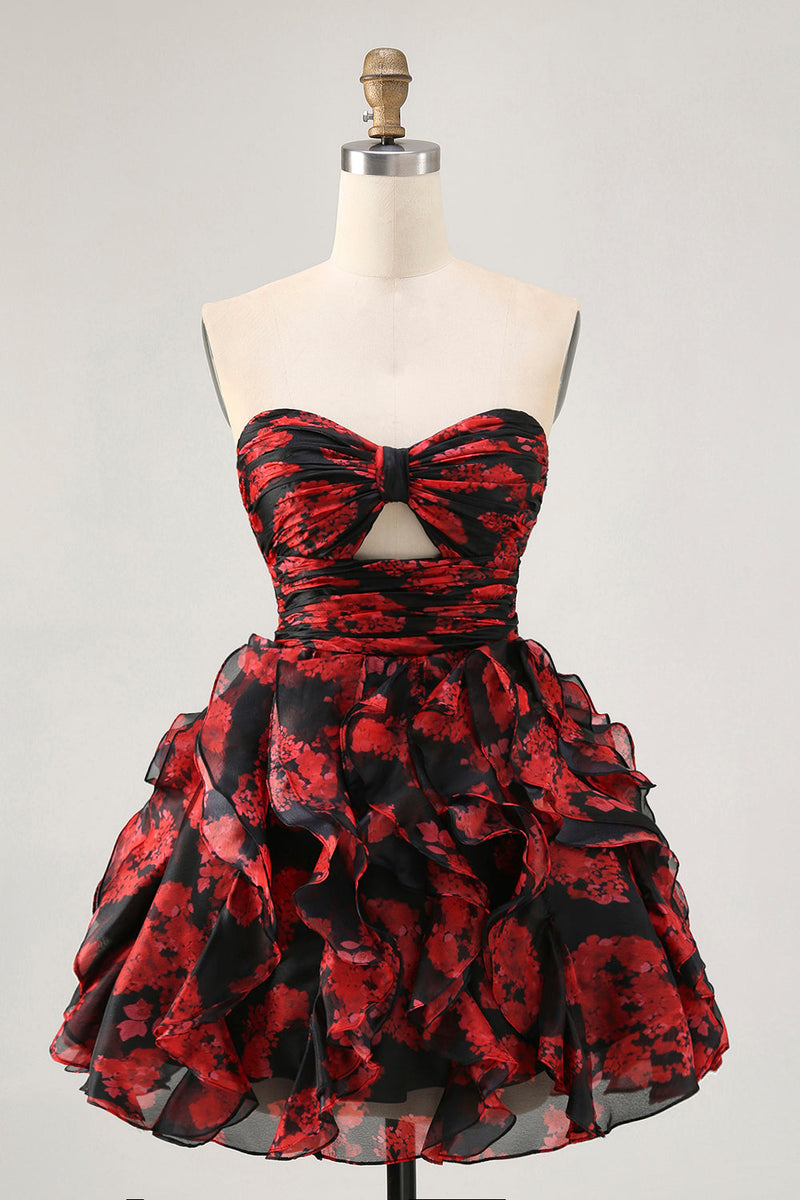 Load image into Gallery viewer, Black and Red Floral Sweetheart Cut Out Short Homecoming Dress with Ruffles