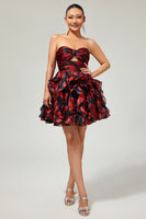 Load image into Gallery viewer, Black and Red Floral Sweetheart Cut Out Short Homecoming Dress with Ruffles