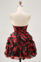 Load image into Gallery viewer, Black and Red Floral Sweetheart Cut Out Short Homecoming Dress with Ruffles
