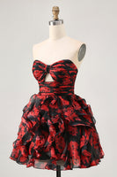 Load image into Gallery viewer, Black and Red Floral Sweetheart Cut Out Short Homecoming Dress with Ruffles