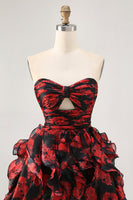 Load image into Gallery viewer, Black and Red Floral Sweetheart Cut Out Short Homecoming Dress with Ruffles