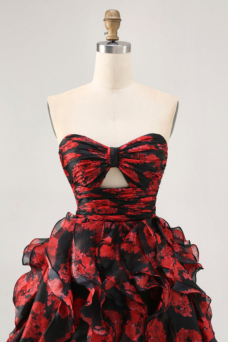 Load image into Gallery viewer, Black and Red Floral Sweetheart Cut Out Short Homecoming Dress with Ruffles