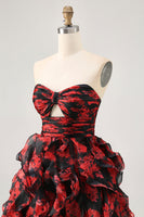 Load image into Gallery viewer, Black and Red Floral Sweetheart Cut Out Short Homecoming Dress with Ruffles