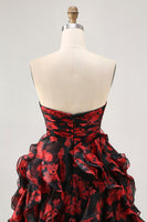 Load image into Gallery viewer, Black and Red Floral Sweetheart Cut Out Short Homecoming Dress with Ruffles