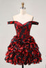 Load image into Gallery viewer, Sparkly Black and Red Floral Corset Short Homecoming Dress with Beading