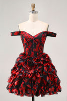 Load image into Gallery viewer, Sparkly Black and Red Floral Corset Short Homecoming Dress with Beading