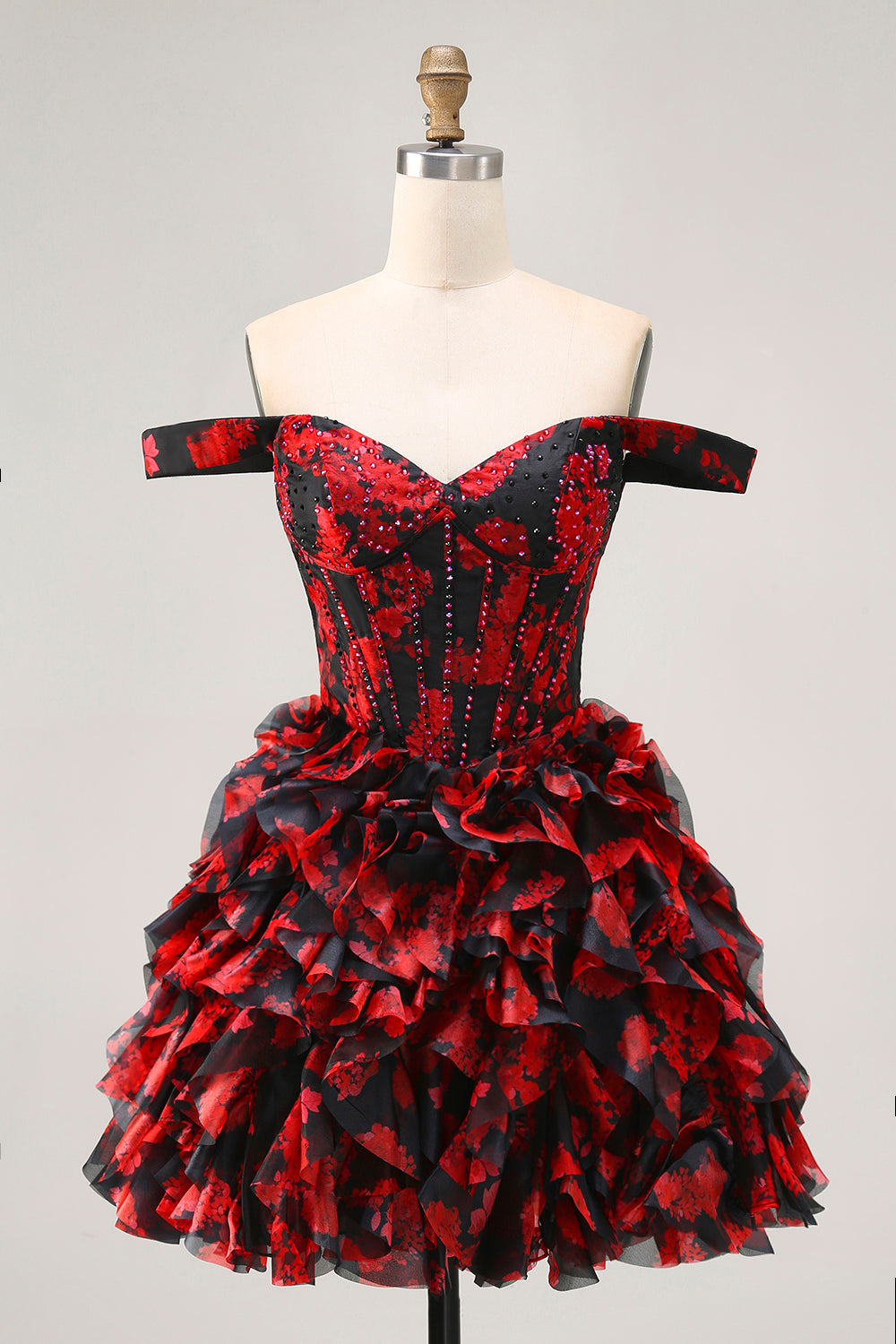 Sparkly Black and Red Floral Corset Short Homecoming Dress with Beading