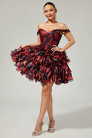 Load image into Gallery viewer, Sparkly Black and Red Floral Corset Short Homecoming Dress with Beading