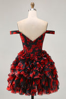 Load image into Gallery viewer, Sparkly Black and Red Floral Corset Short Homecoming Dress with Beading