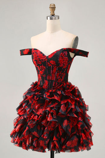Sparkly Black and Red Floral Corset Short Homecoming Dress with Beading