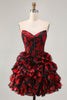 Load image into Gallery viewer, Sparkly Black and Red Floral Corset Short Homecoming Dress with Beading