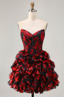 Load image into Gallery viewer, Sparkly Black and Red Floral Corset Short Homecoming Dress with Beading