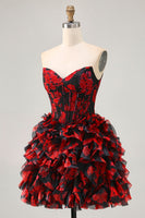 Load image into Gallery viewer, Sparkly Black and Red Floral Corset Short Homecoming Dress with Beading