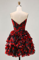 Load image into Gallery viewer, Sparkly Black and Red Floral Corset Short Homecoming Dress with Beading