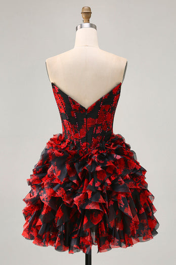 Sparkly Black and Red Floral Corset Short Homecoming Dress with Beading