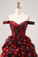 Load image into Gallery viewer, Sparkly Black and Red Floral Corset Short Homecoming Dress with Beading