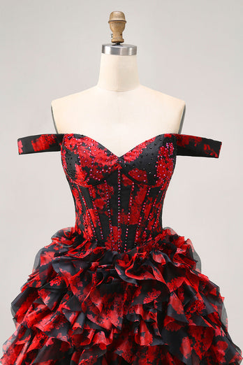 Sparkly Black and Red Floral Corset Short Homecoming Dress with Beading