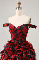 Load image into Gallery viewer, Sparkly Black and Red Floral Corset Short Homecoming Dress with Beading
