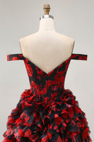 Load image into Gallery viewer, Sparkly Black and Red Floral Corset Short Homecoming Dress with Beading