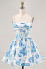Load image into Gallery viewer, Floral White and Blue Corset Ruched Satin Short Homecoming Dress