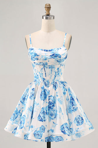 Floral White and Blue Corset Ruched Satin Short Homecoming Dress