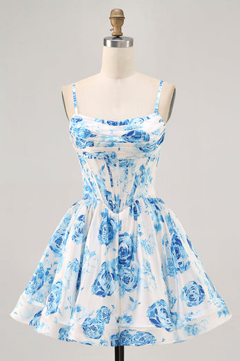 Floral White and Blue Corset Ruched Satin Short Homecoming Dress