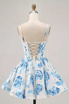 Floral White and Blue Corset Ruched Satin Short Homecoming Dress