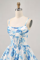 Load image into Gallery viewer, Floral White and Blue Corset Ruched Satin Short Homecoming Dress