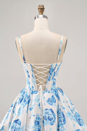 Floral White and Blue Corset Ruched Satin Short Homecoming Dress