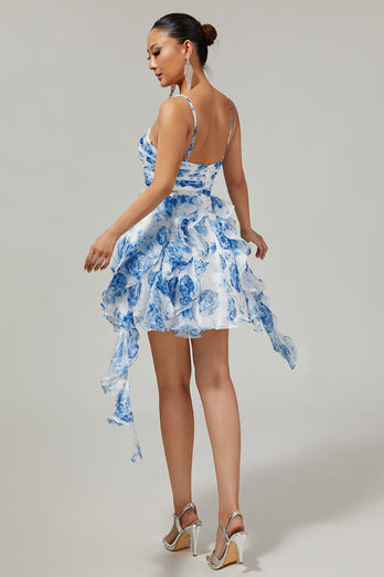 White and Blue Ruched Floral Ruffled Short Homecoming Dress with Pearls