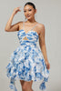 Load image into Gallery viewer, White and Blue Ruched Floral Ruffled Short Homecoming Dress with Pearls