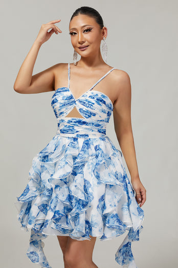 White and Blue Ruched Floral Ruffled Short Homecoming Dress with Pearls